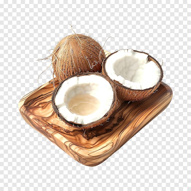 Coconut oil and fresh coconuts and slice on a transparent background