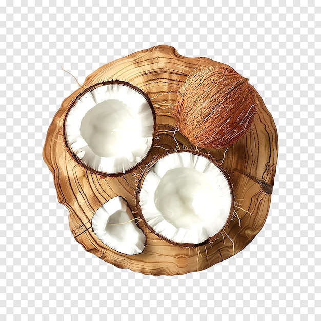 Coconut oil and fresh coconuts and slice on a transparent background