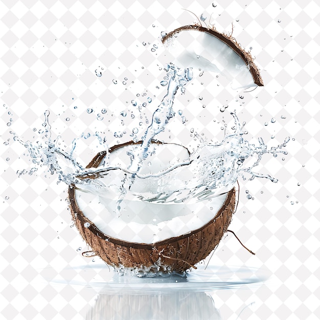 a coconut splashing into a bowl of water with a coconut in it