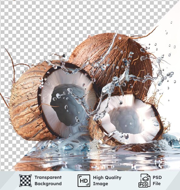 Coconut water splash and fresh coconuts isolated on transparent background