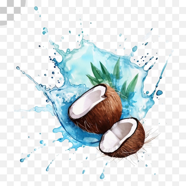 Coconut and watercolor splashes transparent background