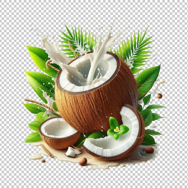 Coconut with leaves isolated transparent background Ai generative