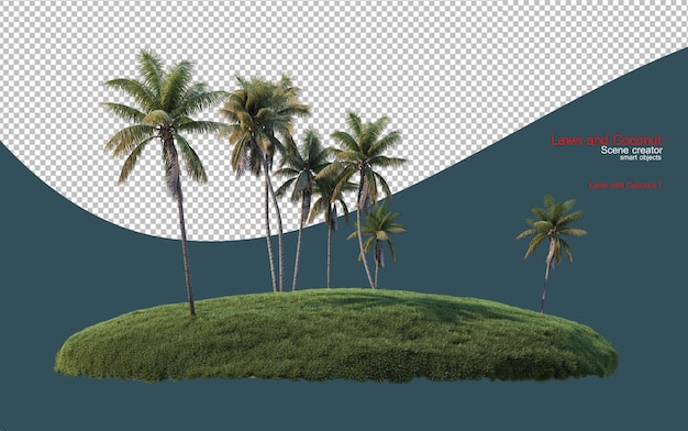 Coconuts on different levels of green lawn