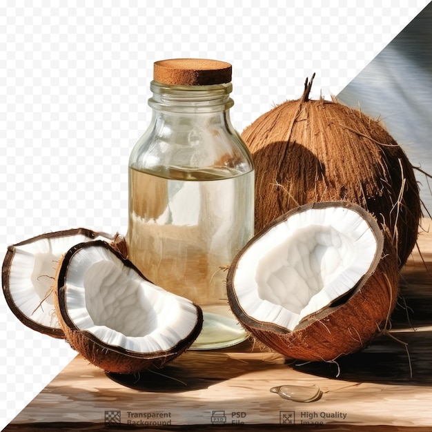 Coconuts and oil on table with transparent background