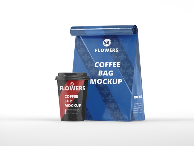 PSD coffee bag with cup mockup