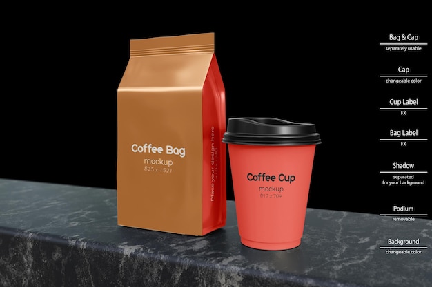 Coffee bag with cup mockup