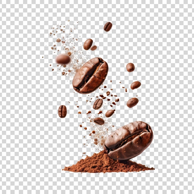 PSD coffee beans falling on powder isolated on transparent background