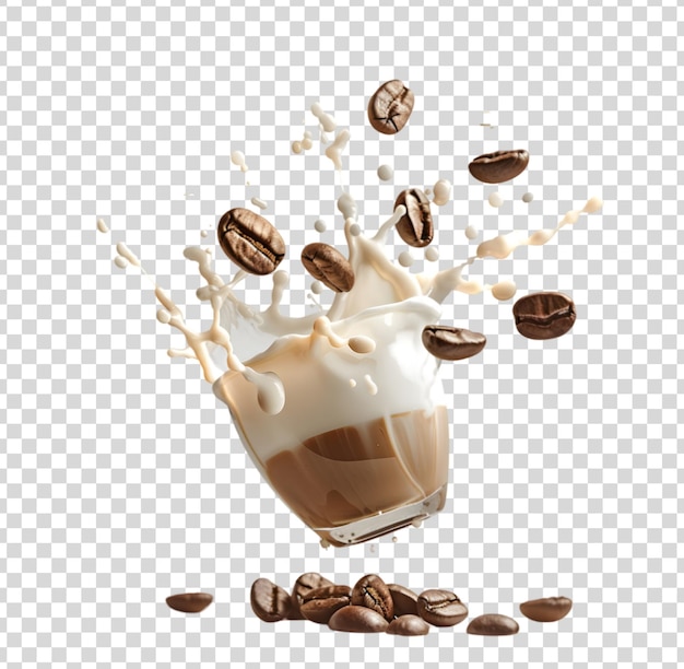 Coffee Beans and Milk Splash with a Cup on a Transparent Background