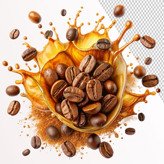 PSD coffee beans skies and juice splash on transparent background