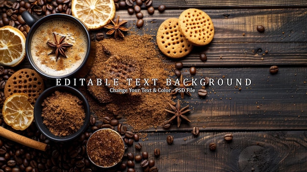 PSD coffee and cookies on wooden background