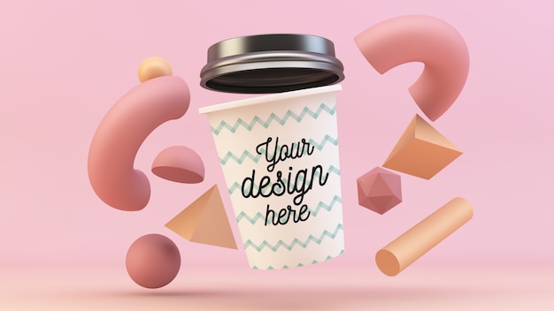 Coffee cup floating with 3d shapes mockup