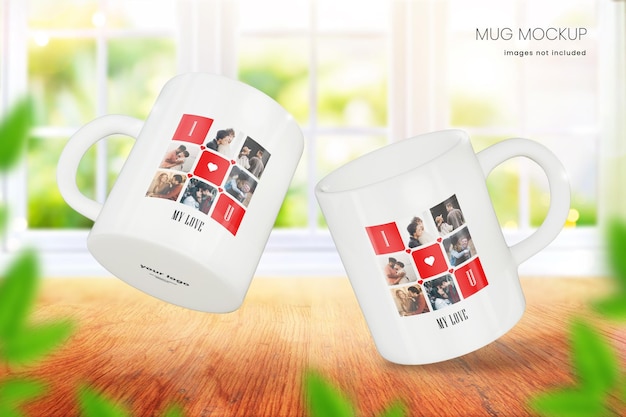 Coffee cup mockup of 11oz white ceramic mug on wooden surface with bright window in background