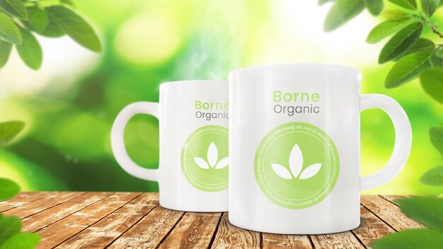 PSD coffee cup mockup on organic leafy