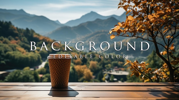 Coffee cup placed in hand against beautiful cool mountain landscape background