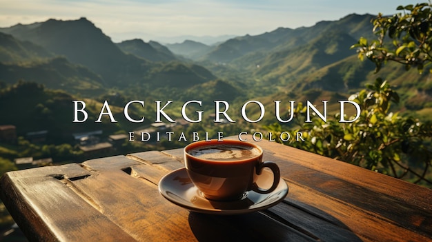 Coffee cup placed in hand against beautiful cool mountain landscape background