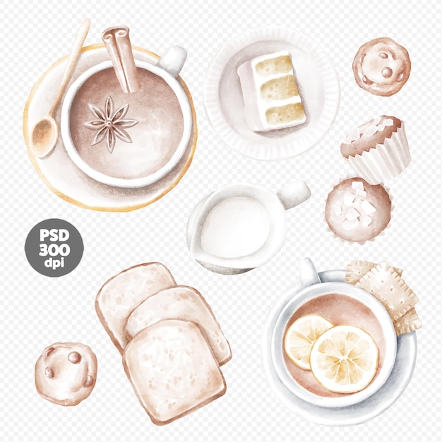 Coffee cup and tea cup with cakes and cookies hand drawn clipart