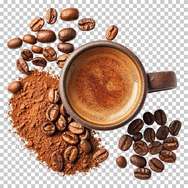 PSD coffee cup with beans and powder isolated on transparent background