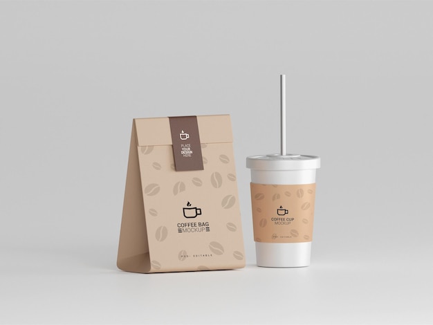 Coffee cup with coffee bag mockup