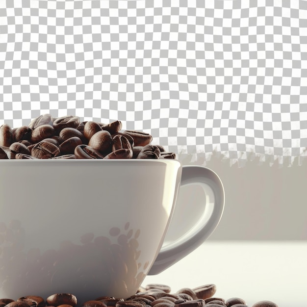 a coffee cup with coffee beans in it and a coffee cup with a picture of a tree in the background