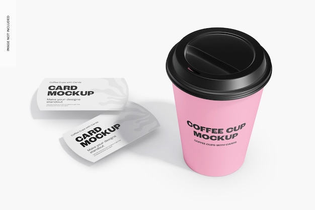 Coffee Cup with Paper Cards Mockup, High Angle View