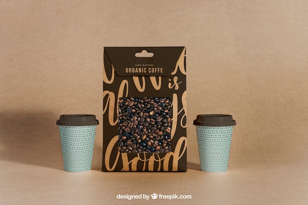 Coffee mockup with two cups and bag