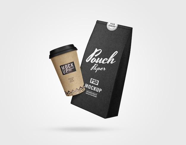 Coffee pouch and cup set mockup