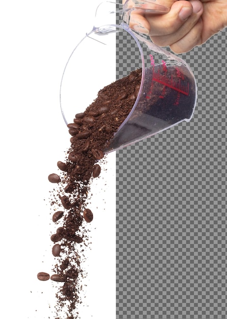 PSD coffee powder mix bean fall down pour in measured cup coffee crushed mix seed float explode abstract cloud fly coffee dust powder bean splash throwing in air white background isolated high speed