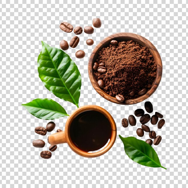 PSD coffee powder in a wooden bowl with beans and leaves on a transparent background