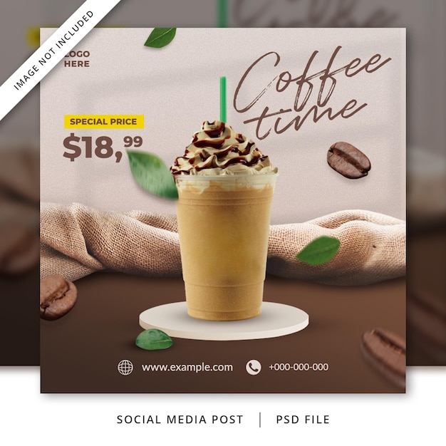 Coffee Shop Flyer or Social Media Banner with Coffee Bean and Leaf Decorations