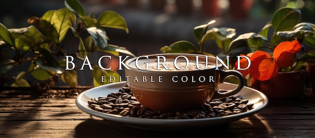 coffee in a small pot on a heater and a white cup with hot steam on a wooden table background