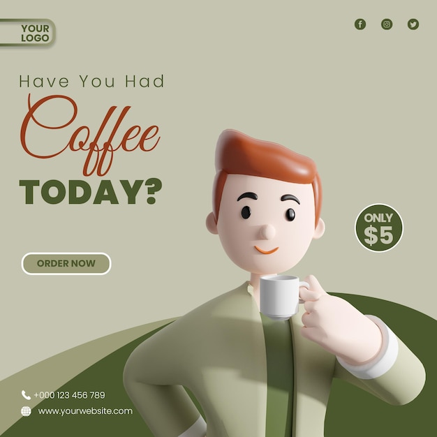 Coffee time with 3d character instagram post template