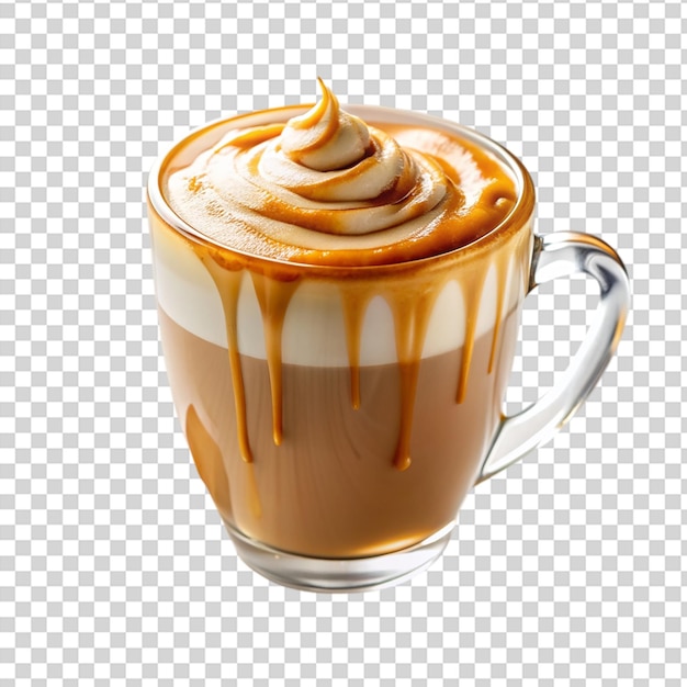 PSD coffee with caramel and whipped cream on transparent background