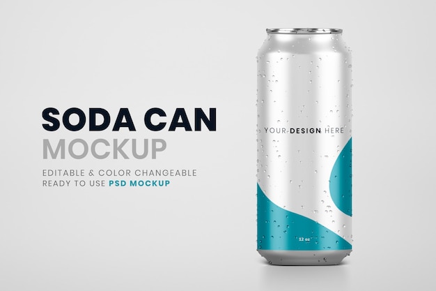 Cold soda can mockup psd, drink product branding