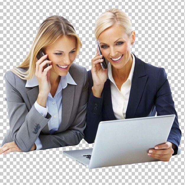 collaborative businesswomen working together on laptop and cellphone on transparent background