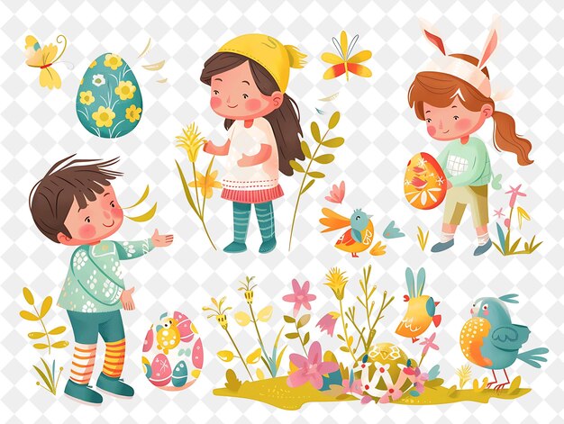 PSD a collage of children playing with easter eggs and flowers