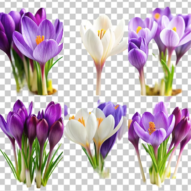 PSD collage of crocus flowers on transparent background