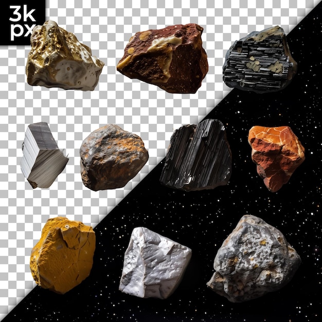 a collage of different rocks and a black background with a black background