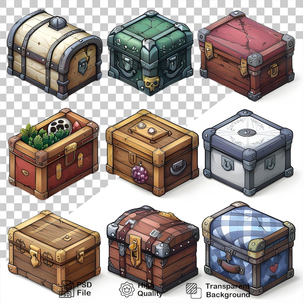 a collage of different types of wooden boxes Isolated on transparent background