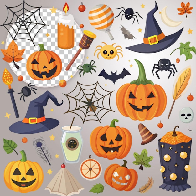 PSD collage of halloween elements in watercolor style high detailed solid transparent background