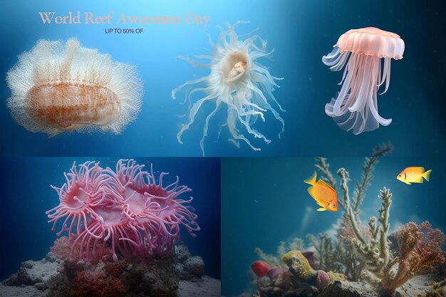 a collage of photos of jellyfish and corals