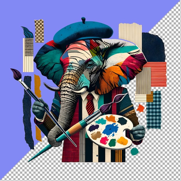 Collage Style Elephant Artist with Beret Paintbrush and Palette Isolated on Transparent Background