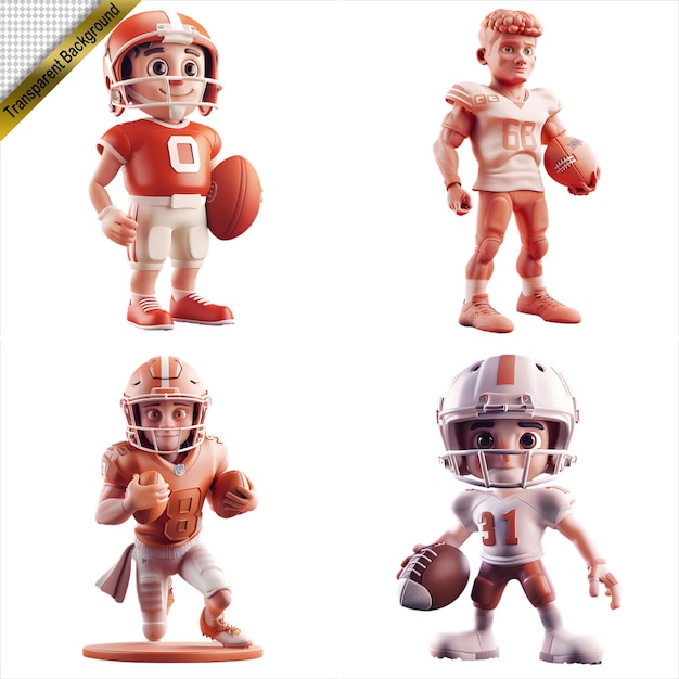 Collection of 3D American Football Player Figures with No Background