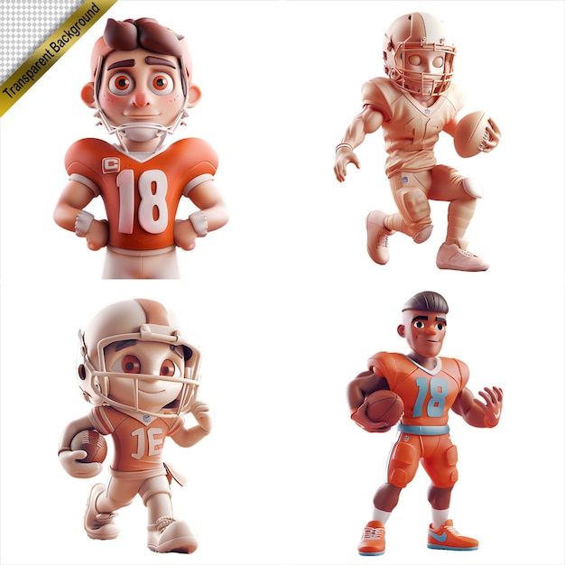 Collection of 3D American Football Player Figures with No Background