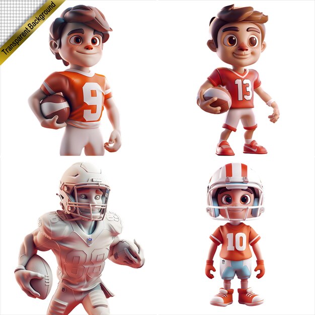 PSD collection of 3d american football player figures with no background