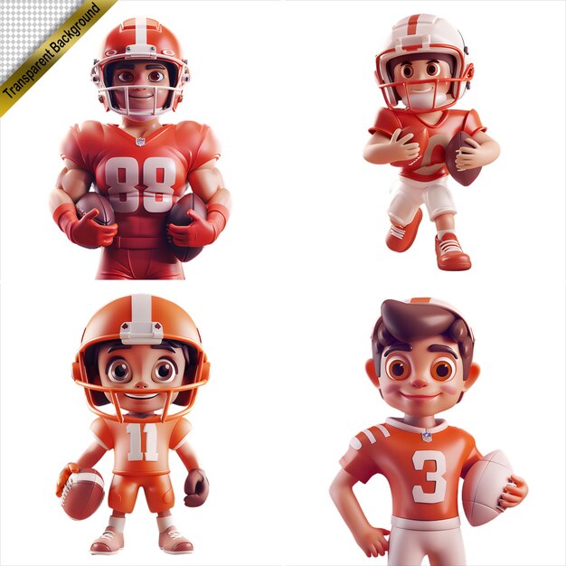 PSD collection of 3d american football player figures with no background