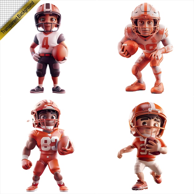 PSD collection of 3d american football player figures with no background