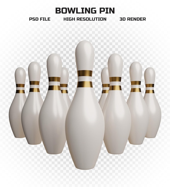 Collection of 3d render black bowling pins with golden stripes in high resolution