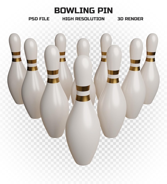 Collection of 3d render black bowling pins with golden stripes in high resolution