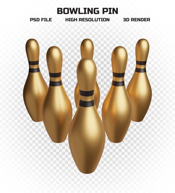 Collection of 3d render golden bowling pins with black stripes in high resolution