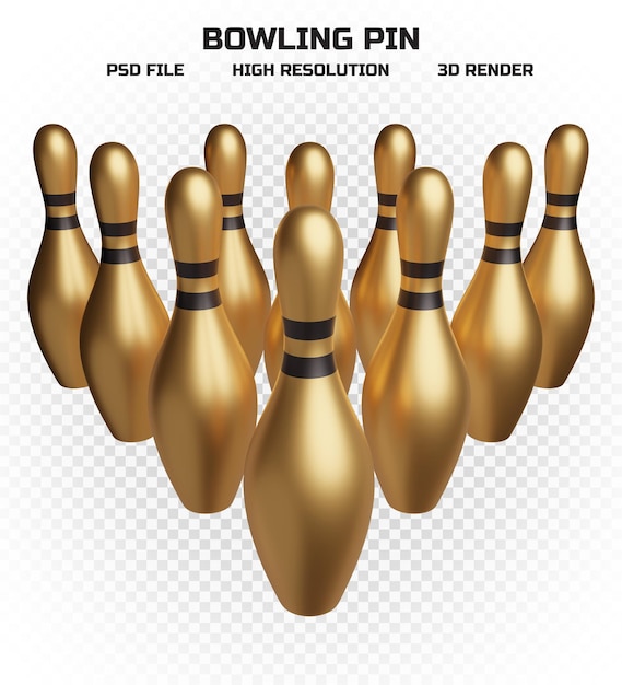 Collection of 3d render golden bowling pins with black stripes in high resolution